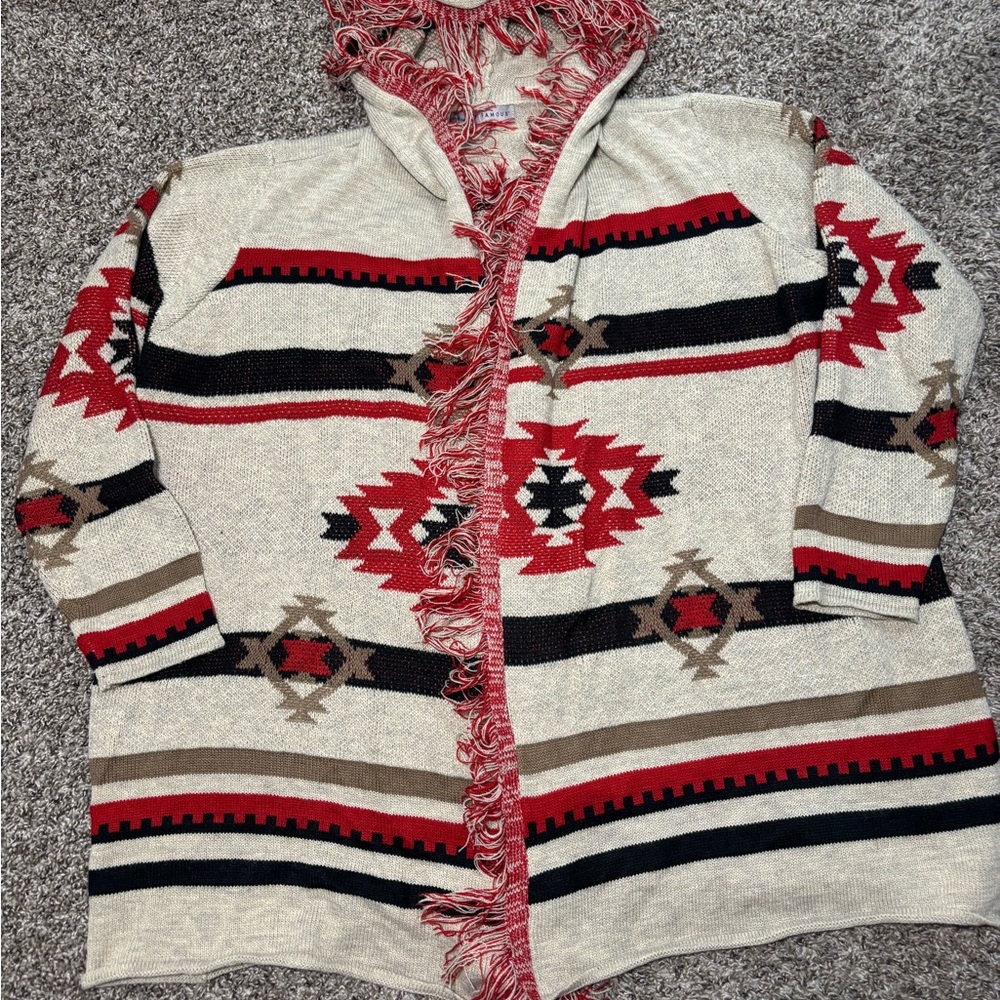 Absolutely Famous Red and Cream Hooded Cardigan Aztec print - Picture 3 of 11